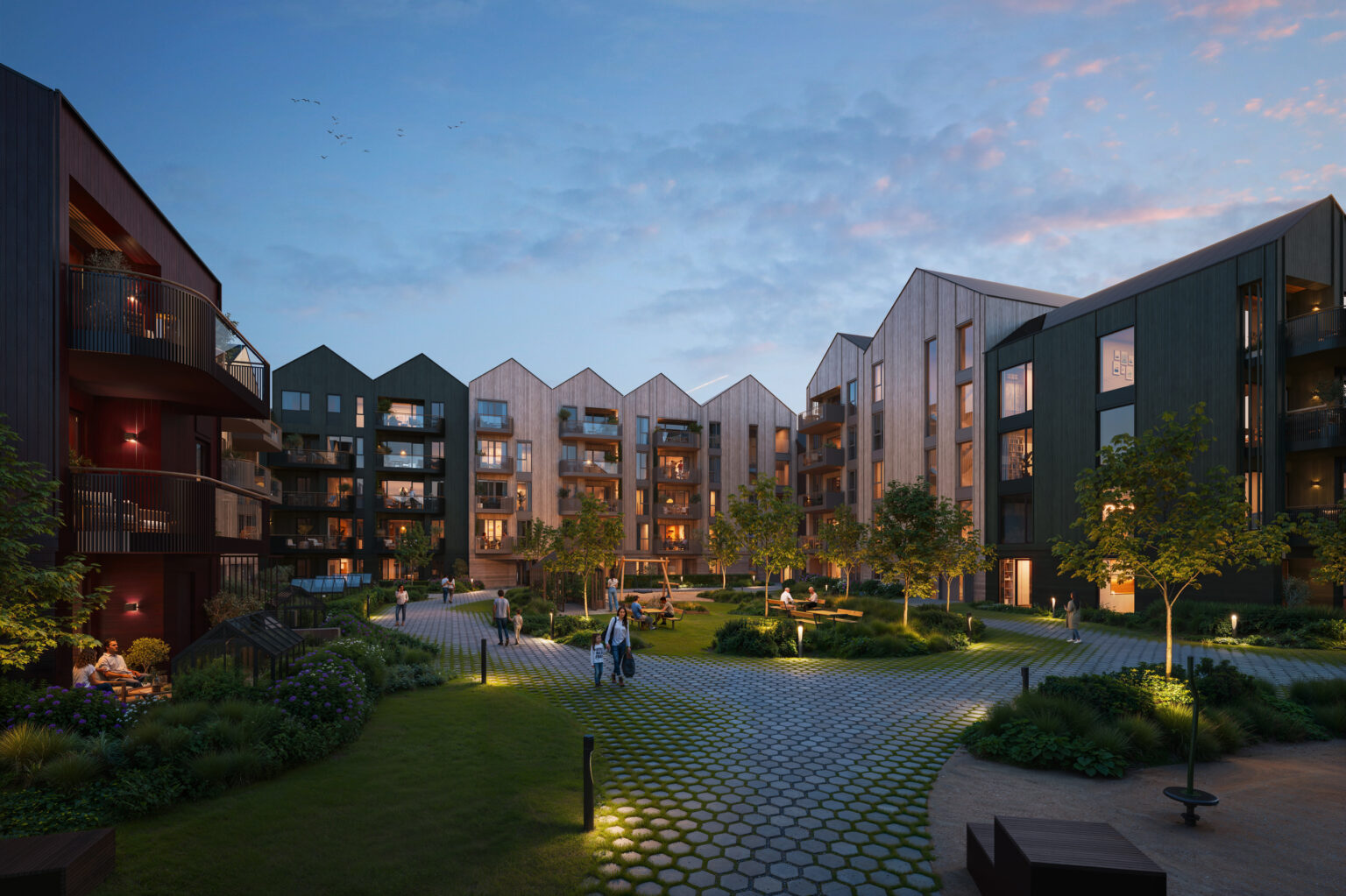 Gårdsrom på kveldstid, 3D-illustrasjon