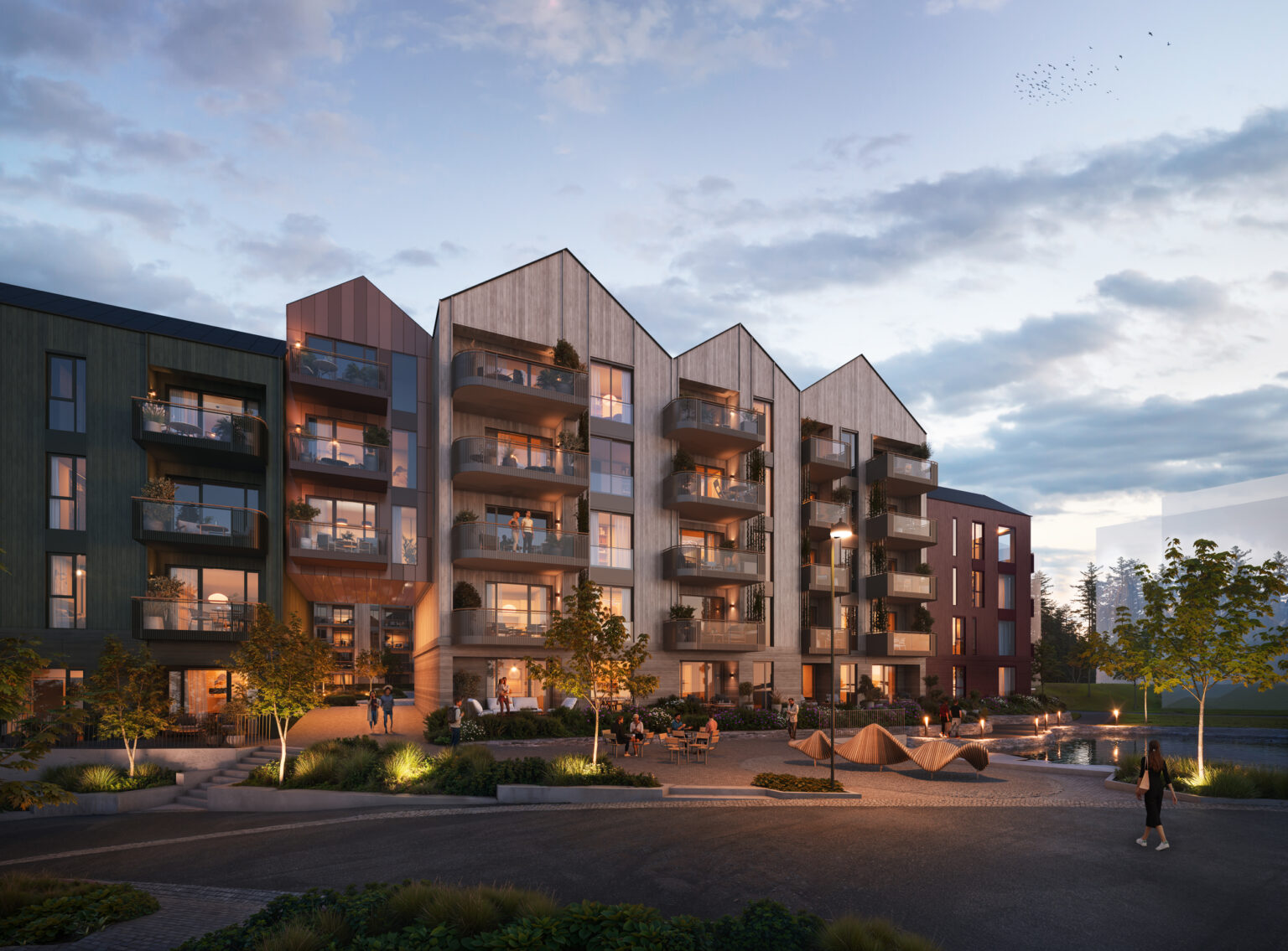 Bygg D på kveldstid, 3D-illustrasjon