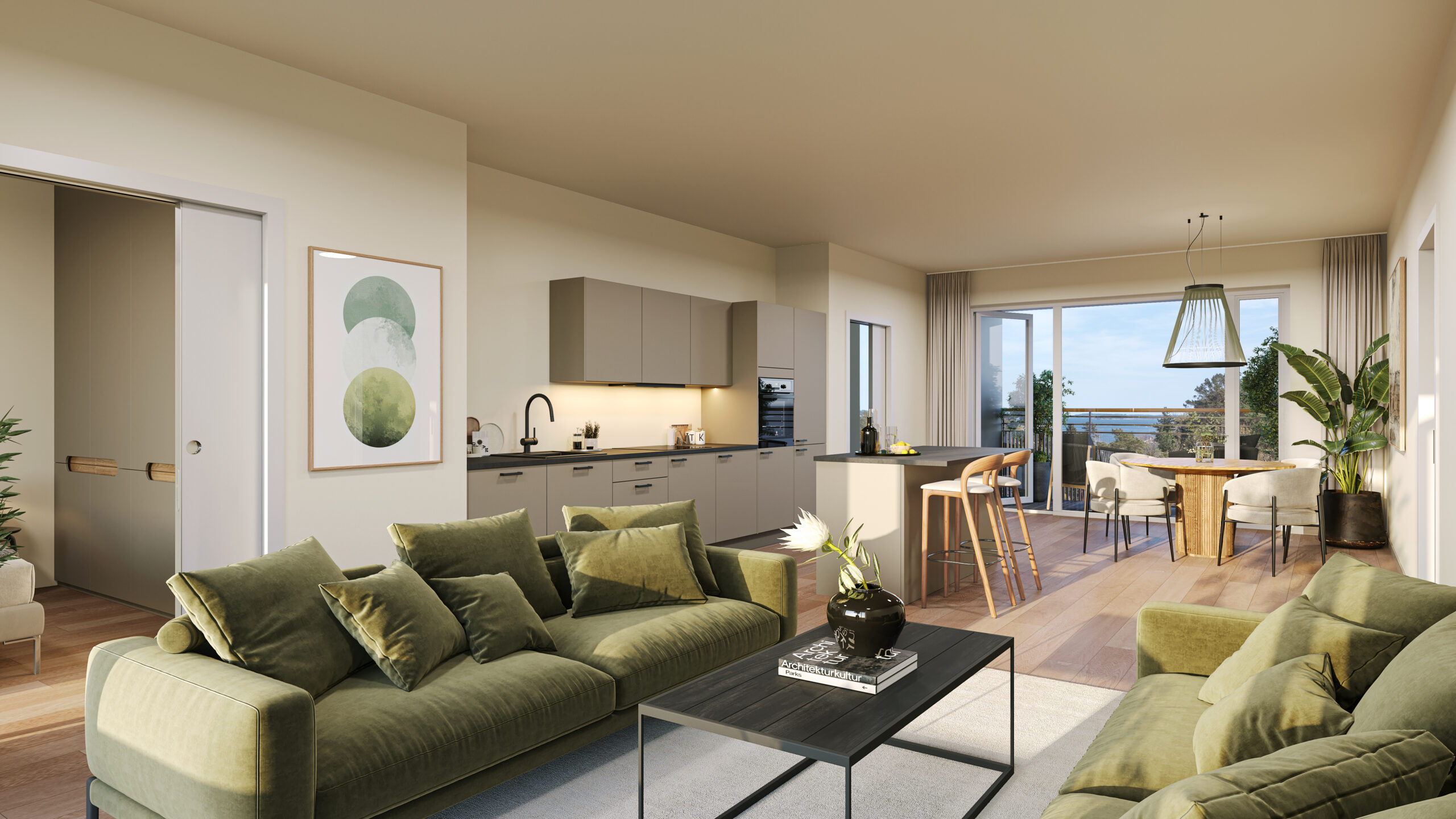 Leilighet B3 H0501 stue og kjøkken, 3D-illustrasjon