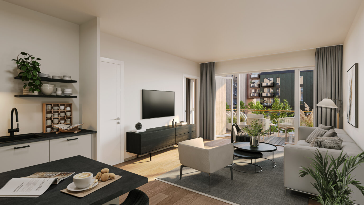 Stue leilighet B2 H0203, 3D-illustrasjon