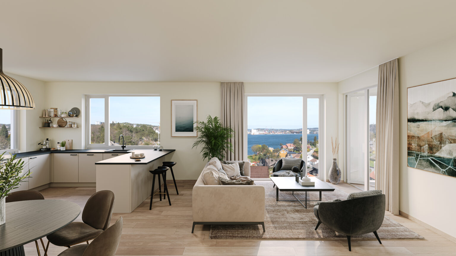 Stue og kjøkken B1 H0302, 3D-illustrasjon