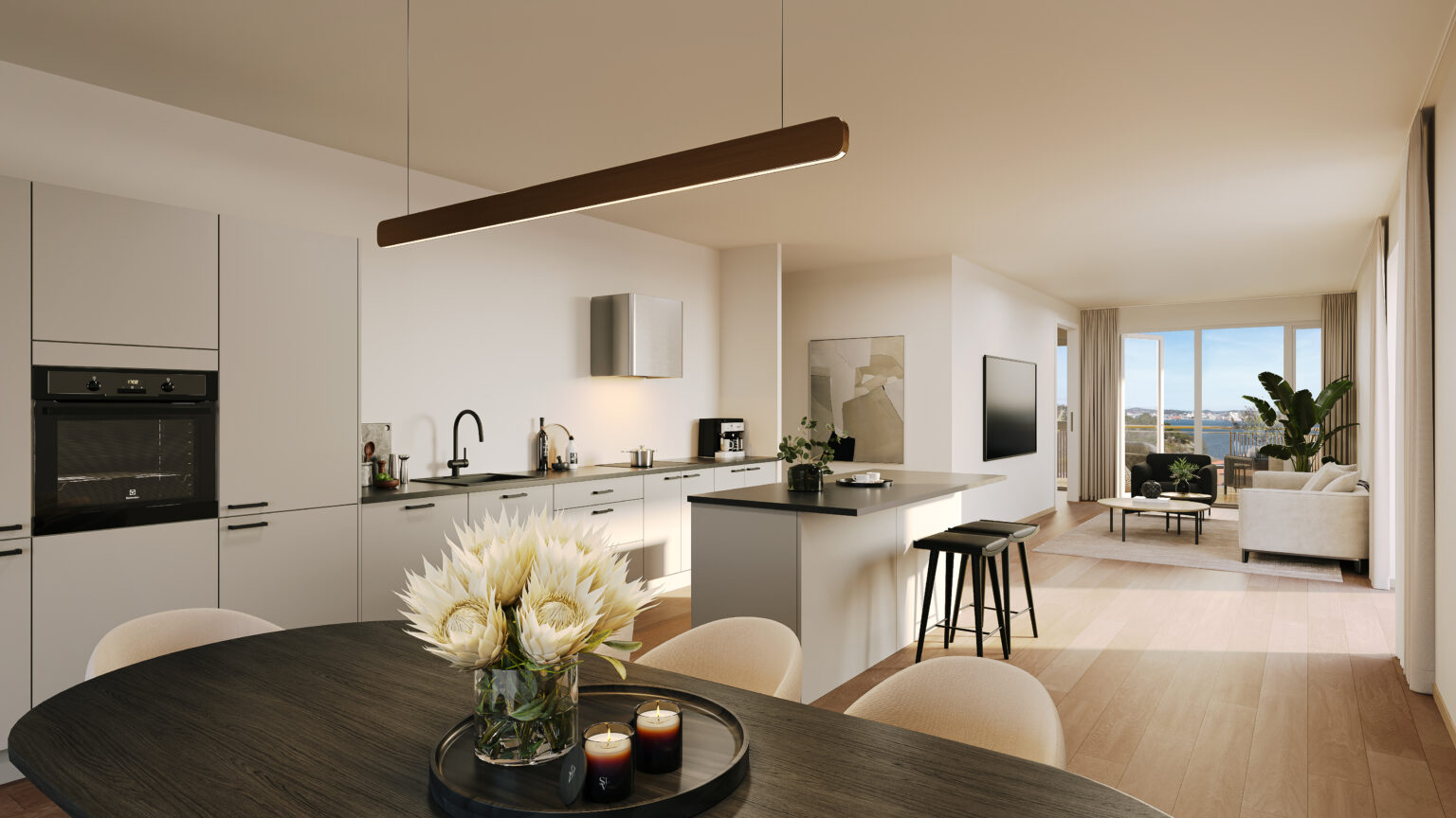 Kjøkken og stue A1 H0301, 3D-illustrasjon