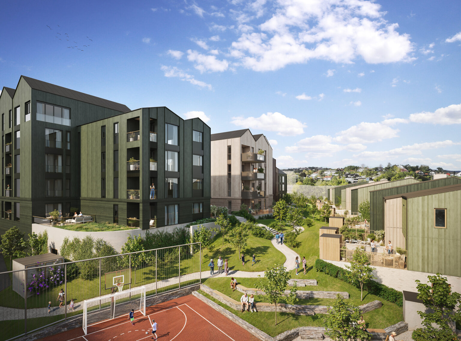 Sti og uteområde med multibanen mellom Bygg A-B og Townhouse, 3D-illustrasjon