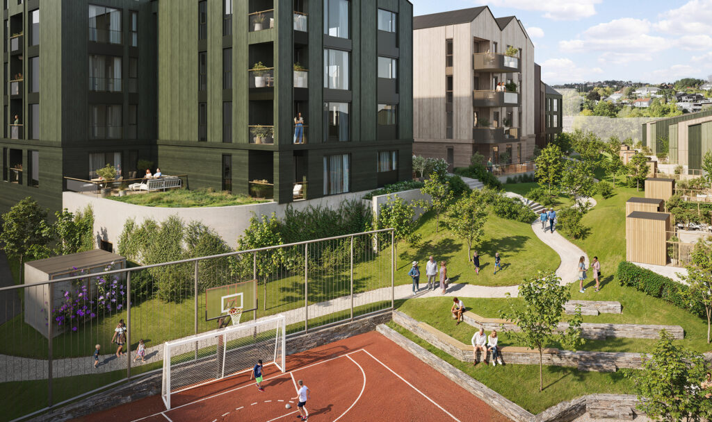 3D illustrasjon Sti og uteområde med multibanen mellom Bygg A-B og townhouse